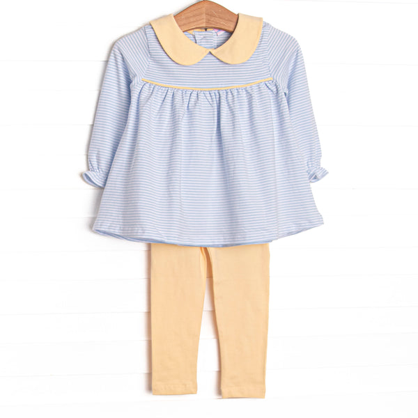 This set features light blue stripes, a yellow&nbsp; peter pan collar, and yellow leggings. 