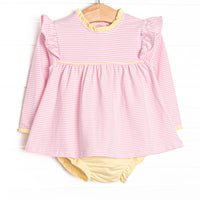 The set features ruffle collar, navy blue stripes, and soft knit material. Coordinating navy diaper cover to match.