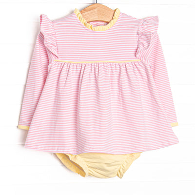 The set features ruffle collar, navy blue stripes, and soft knit material. Coordinating navy diaper cover to match.
