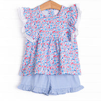 Red, White and Bloom Ruffle Short Set, Blue