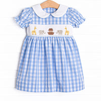 Noah's Ark Smocked Puff Sleeve Dress, Blue