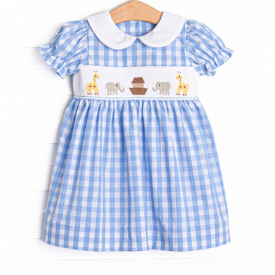 Noah's Ark Smocked Puff Sleeve Dress, Blue