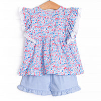 Red, White and Bloom Ruffle Short Set, Blue