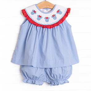 Mouse Friends Smocked Bloomer Set, Blue Gingham