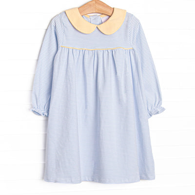 This dress features a light blue stripes, soft knit material, and a yellow peter pan collar.