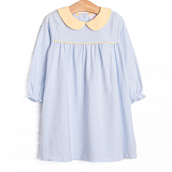 This dress features a light blue stripes, soft knit material, and a yellow peter pan collar.