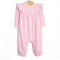  The romper features the softest knit material in light pink striped pattern, snaps in the stride to make changing a breeze. 