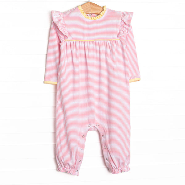  The romper features the softest knit material in light pink striped pattern, snaps in the stride to make changing a breeze. 