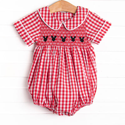 Mouse Head Minis Smocked Bubble, Red Gingham
