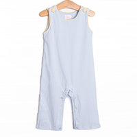 This Jon Jon features yellow covered buttons, light blue stripes, and snaps in the stride to make changing a breeze.