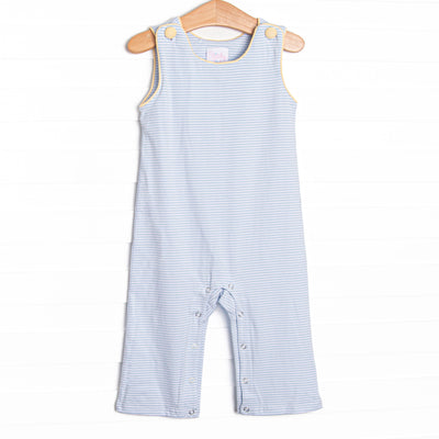 This Jon Jon features yellow covered buttons, light blue stripes, and snaps in the stride to make changing a breeze.