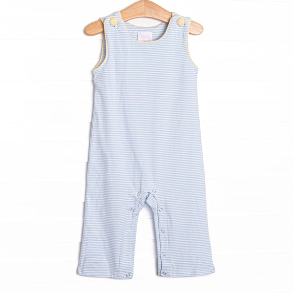 This Jon Jon features yellow covered buttons, light blue stripes, and snaps in the stride to make changing a breeze.