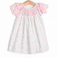 Happy Birthday Bows Smocked Bishop Dress, Pink