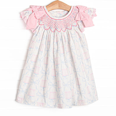Happy Birthday Bows Smocked Bishop Dress, Pink