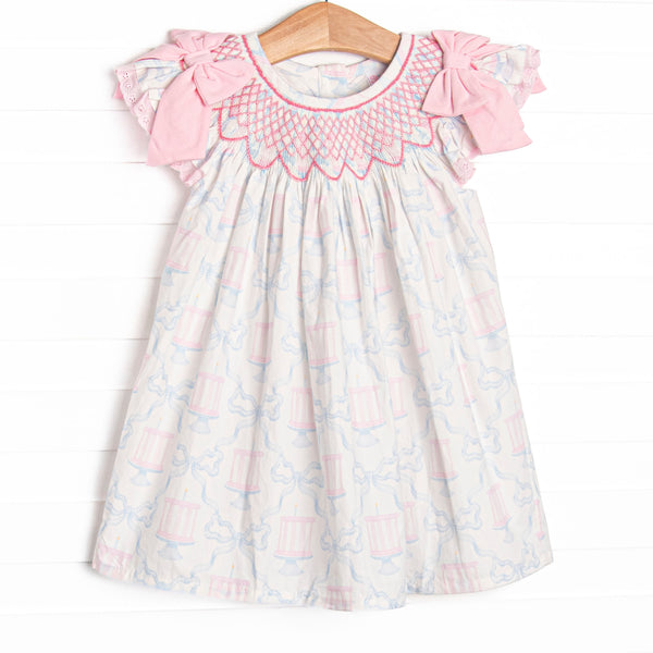 Happy Birthday Bows Smocked Bishop Dress, Pink