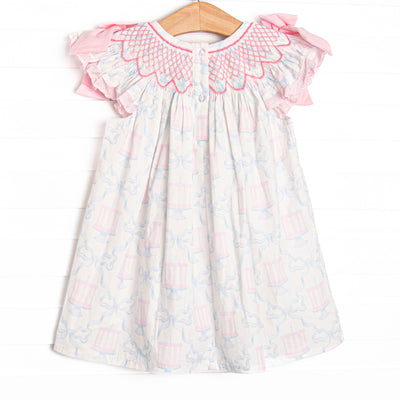 Happy Birthday Bows Smocked Bishop Dress, Pink