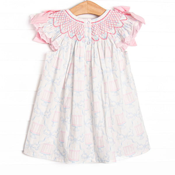 Happy Birthday Bows Smocked Bishop Dress, Pink