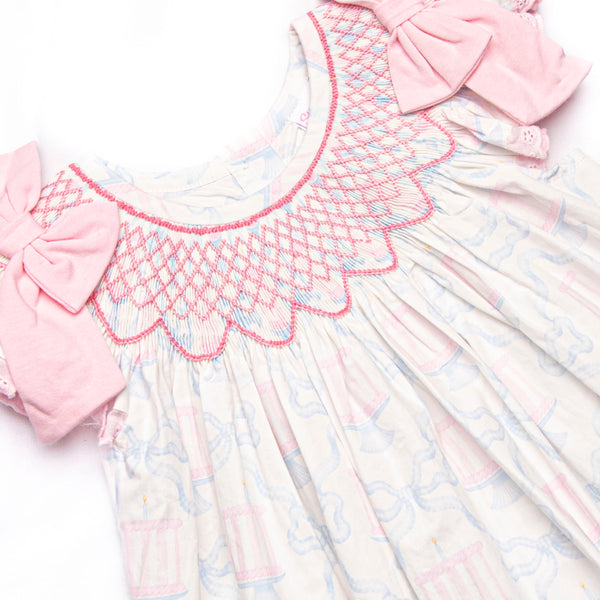 Happy Birthday Bows Smocked Bishop Dress, Pink