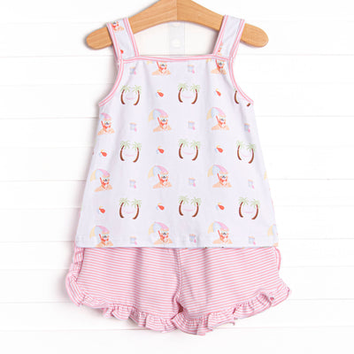 Corgi on the Coast Ruffle Short Set, Pink