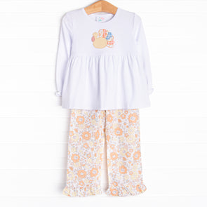 Taylor Trot Turkey Applique Ruffle Pant Set, Orange