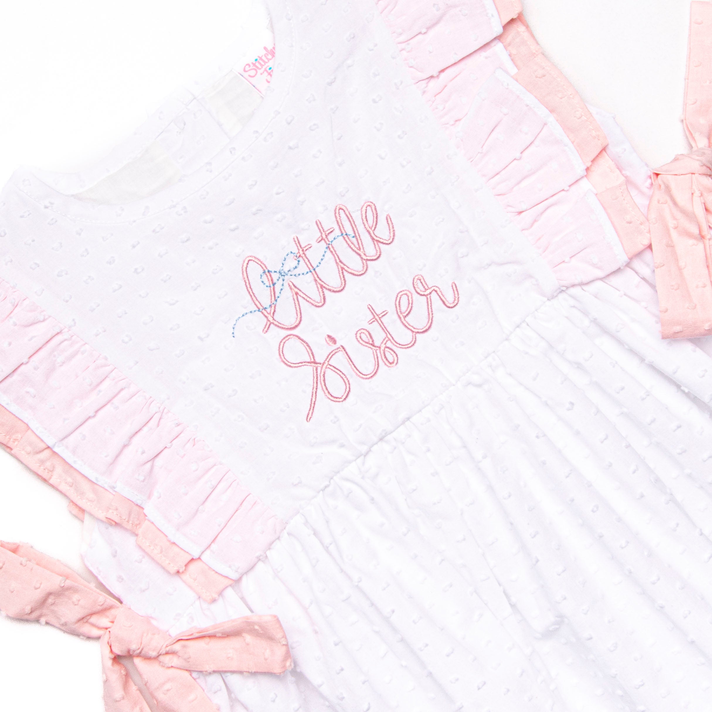 Girl's Little Sister Embroidered Dress in White size 2T | Stitchy Fish Girl's Little Sister Embroidered Dress in White size 2T | Stitchy Fish