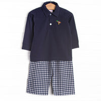 Waddle and Wade French Knot Embroidered Polo Pant Set, Navy