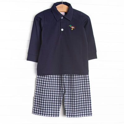 Waddle and Wade French Knot Embroidered Polo Pant Set, Navy