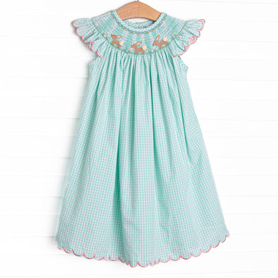 Girl's Snuggle Bunny Scallops Smocked Bishop Dress in Mint Size 8