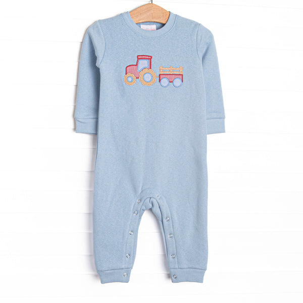 Tilling Tractors Applique Sweatshirt Romper, Blue