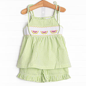 Seersucker Slices Smocked Ruffle Short Set, Green