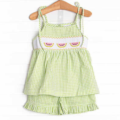 Seersucker Slices Smocked Ruffle Short Set, Green