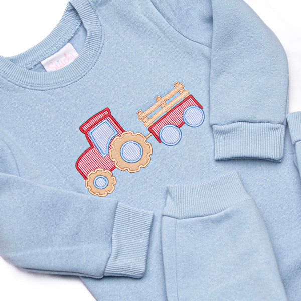 Tilling Tractors Applique Sweatshirt Romper, Blue
