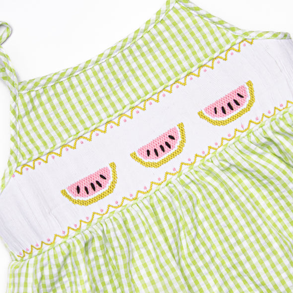 Seersucker Slices Smocked Dress, Green