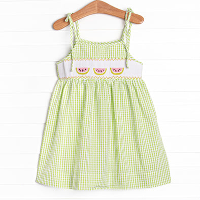 Girl's Seersucker Slices Smocked Dress in Green size 8 | Stitchy Fish Girl's Seersucker Slices Smocked Dress in Green size 8 | Stitchy Fish