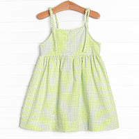 Seersucker Slices Smocked Dress, Green
