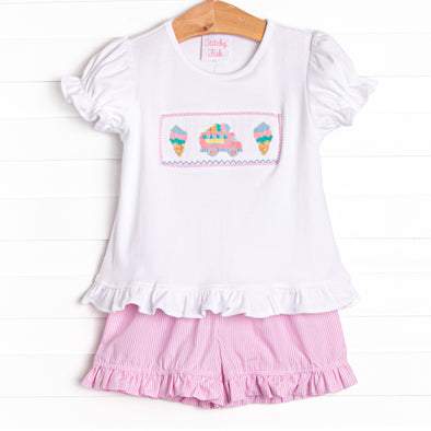 Ice Cream Truck Treats Smocked Ruffle Short Set, Pink