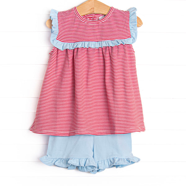Bonnie Ruffle Short Set, Light Blue and Red Stripe