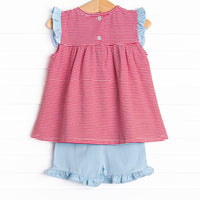 Bonnie Ruffle Short Set, Light Blue and Red Stripe