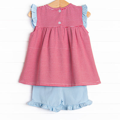 Bonnie Ruffle Short Set, Light Blue and Red Stripe