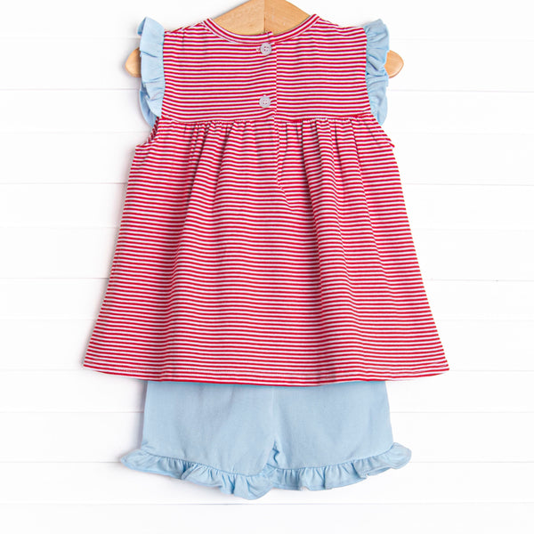 Bonnie Ruffle Short Set, Light Blue and Red Stripe