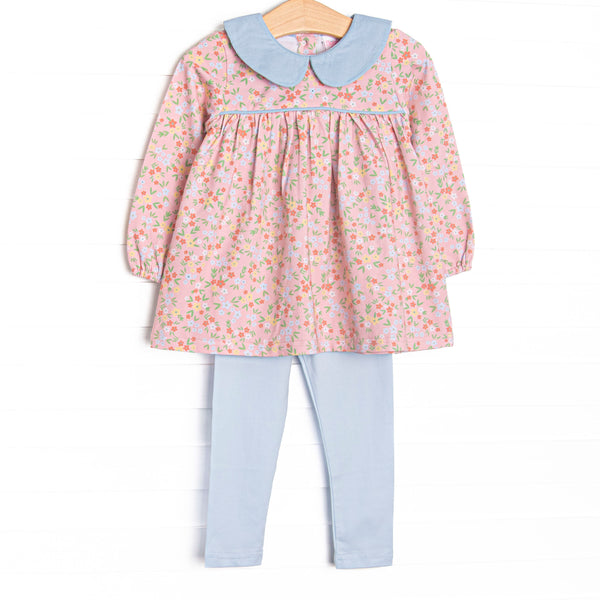 This set features a pink floral print, a blue peter pan collar, and blue leggings to match.