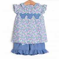 Floral Fairytale Trio Applique Ruffle Short Set, Blue