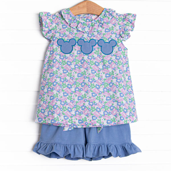 Floral Fairytale Trio Applique Ruffle Short Set, Blue