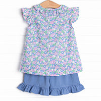 Floral Fairytale Trio Applique Ruffle Short Set, Blue