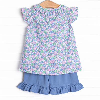Floral Fairytale Trio Applique Ruffle Short Set, Blue