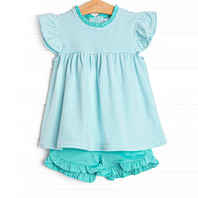  The set features a mint striped flutter sleeve top, the softest knit material, and mint ruffle shorts to match. 