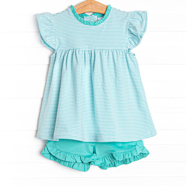  The set features a mint striped flutter sleeve top, the softest knit material, and mint ruffle shorts to match. 