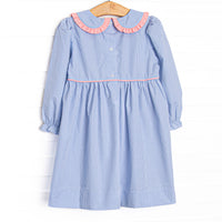 French Knot Frills Embroidered Collared Dress, Blue