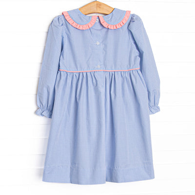 French Knot Frills Embroidered Collared Dress, Blue