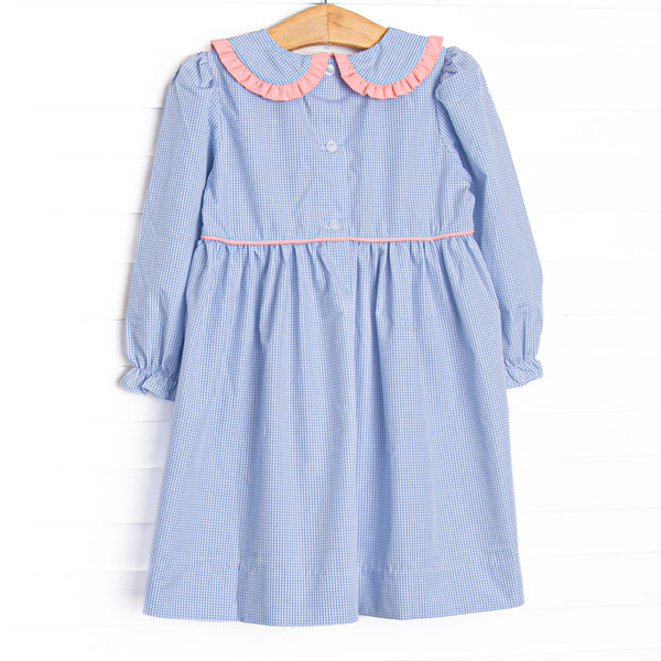 French Knot Frills Embroidered Collared Dress, Blue
